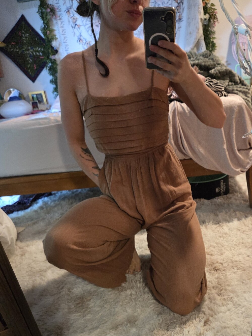 Allie Rose Women's Strapless Linen And Cotton Wide-Leg Jumpsuit in Warm Brown